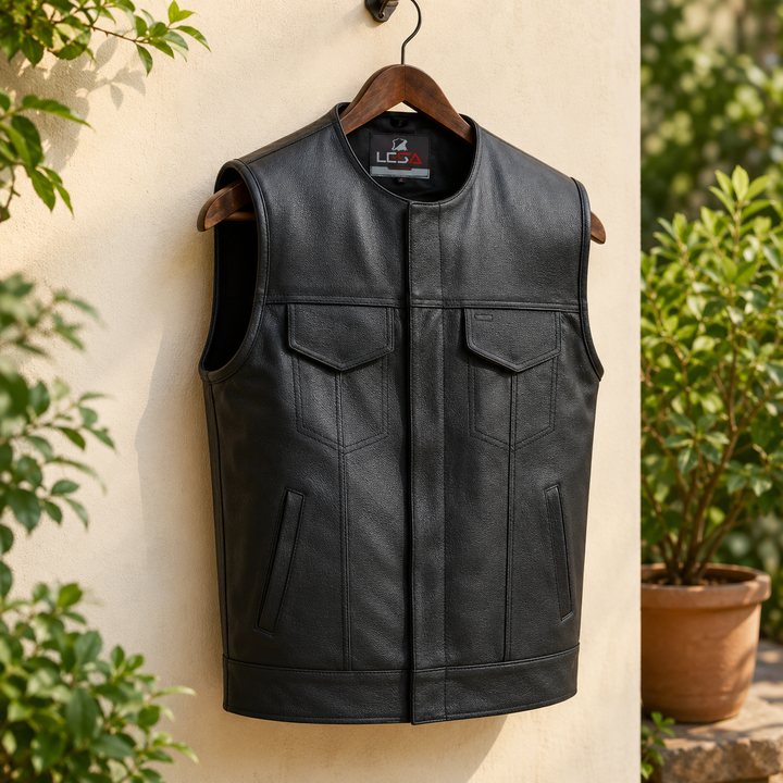 Collarless Men’s Leather Motorcycle Vest – Cowhide Biker Vest with Concealed Carry Pockets, Snap &amp; Zip Closure, 8 Pocket Riding Leather vest for Men