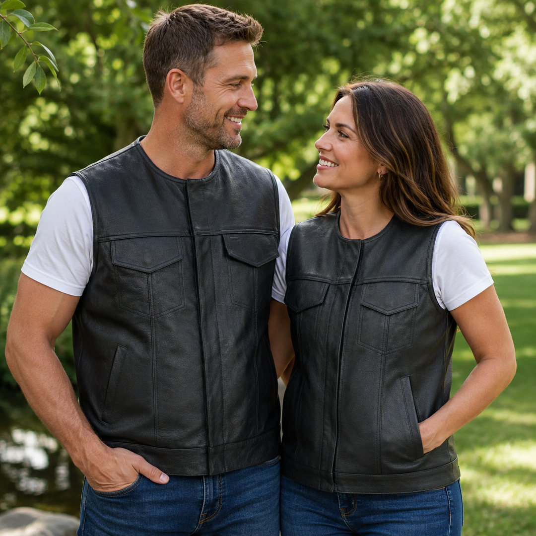 Collarless Men’s Leather Motorcycle Vest – Cowhide Biker Vest with Concealed Carry Pockets, Snap &amp; Zip Closure, 8 Pocket Riding Leather vest for Men