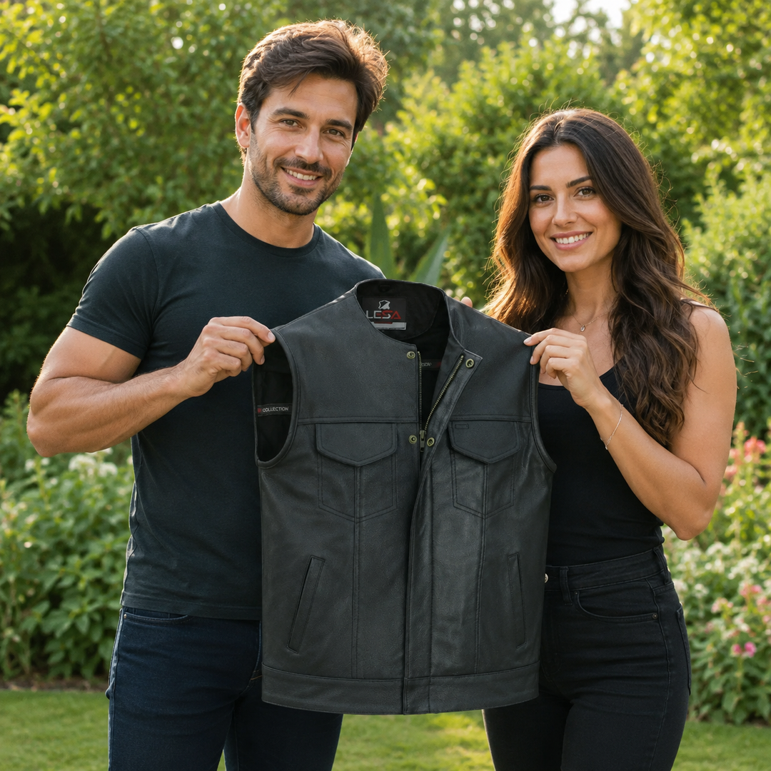 Collarless Men’s Leather Motorcycle Vest – Cowhide Biker Vest with Concealed Carry Pockets, Snap &amp; Zip Closure, 8 Pocket Riding Leather vest for Men