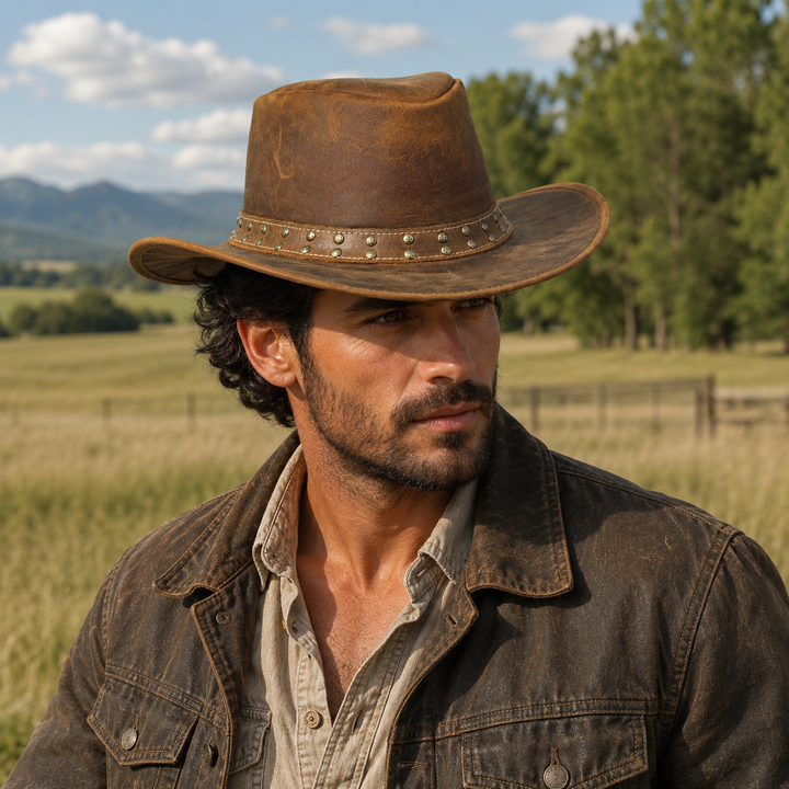 Lone Rock Top Grain Leather Cowboy Hat for Men &amp; Women – Shapeable Brim, Handcrafted Outback Hat with Chinstrap