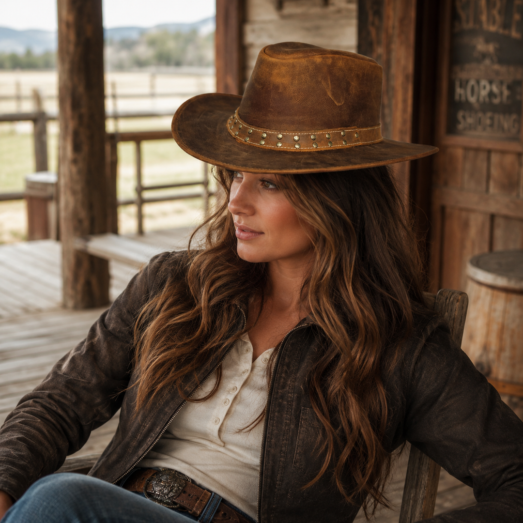 Lone Rock Top Grain Leather Cowboy Hat for Men &amp; Women – Shapeable Brim, Handcrafted Outback Hat with Chinstrap