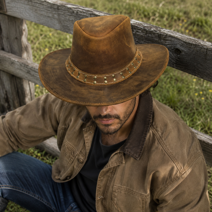 Lone Rock Top Grain Leather Cowboy Hat for Men &amp; Women – Shapeable Brim, Handcrafted Outback Hat with Chinstrap