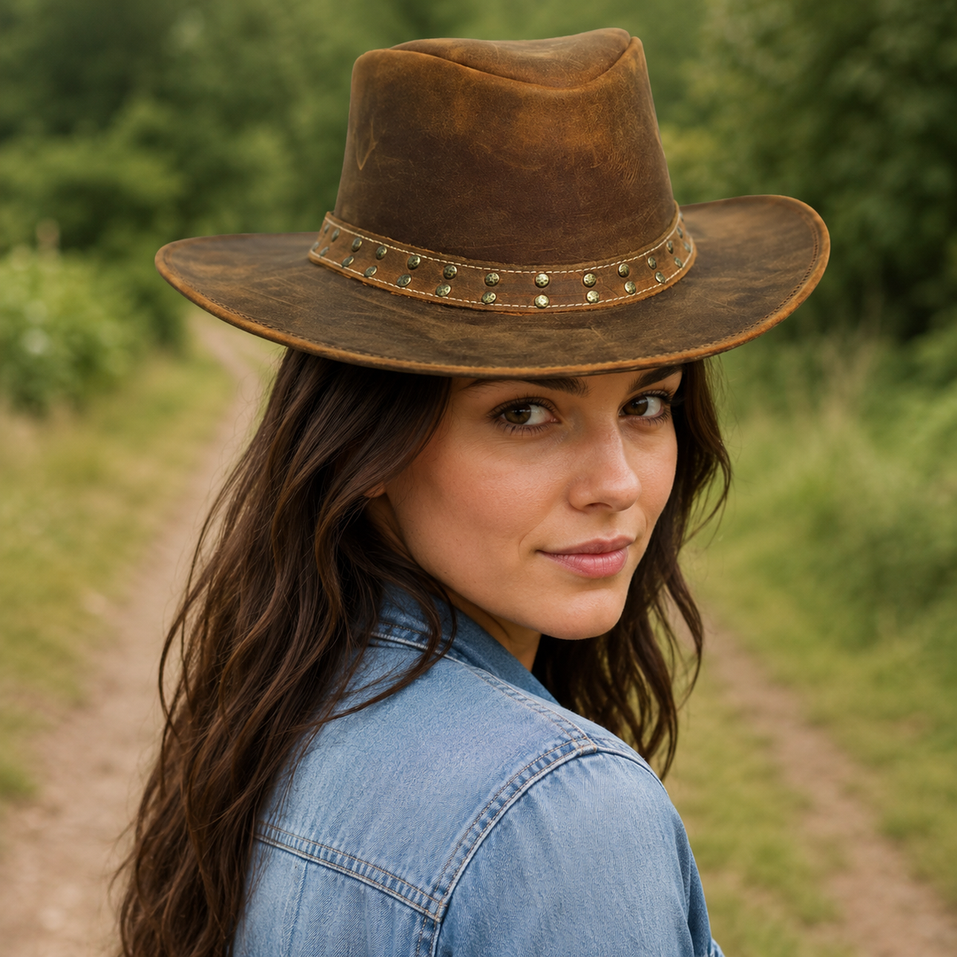 Lone Rock Top Grain Leather Cowboy Hat for Men &amp; Women – Shapeable Brim, Handcrafted Outback Hat with Chinstrap
