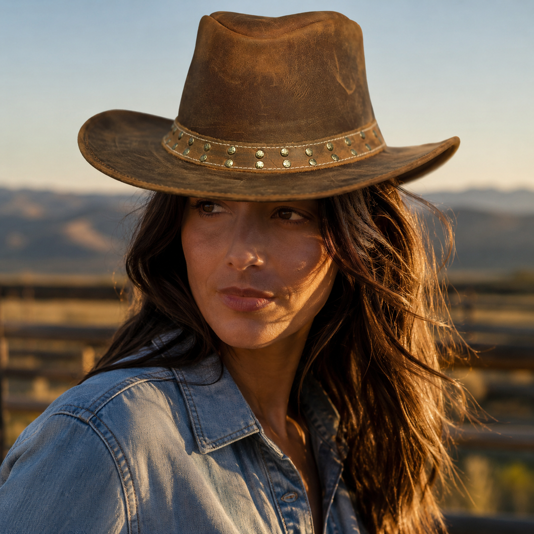 Lone Rock Top Grain Leather Cowboy Hat for Men &amp; Women – Shapeable Brim, Handcrafted Outback Hat with Chinstrap
