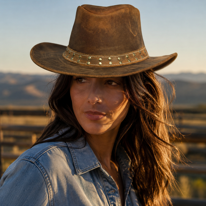 Lone Rock Top Grain Leather Cowboy Hat for Men &amp; Women – Shapeable Brim, Handcrafted Outback Hat with Chinstrap