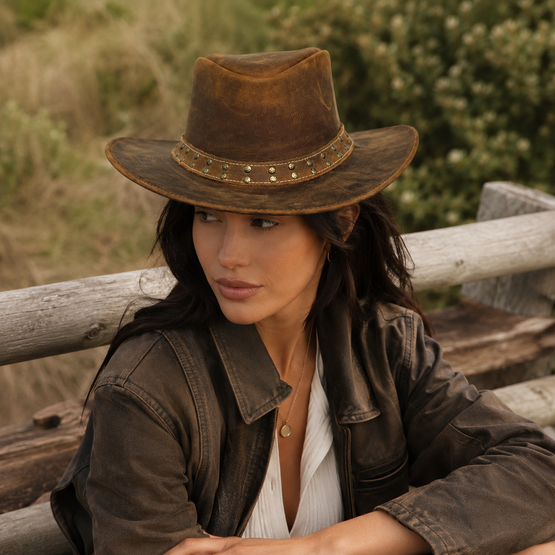 Lone Rock Top Grain Leather Cowboy Hat for Men &amp; Women – Shapeable Brim, Handcrafted Outback Hat with Chinstrap