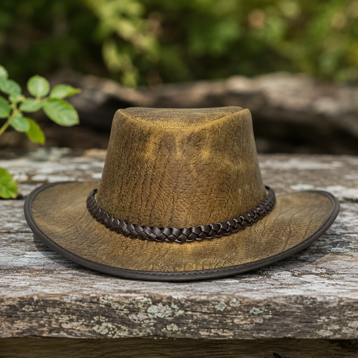 Distressed Toughness Leather Cowboy Hat for Men &amp; Women – Handcrafted Western Outback Hat with Shapeable Brim &amp; Braided Band