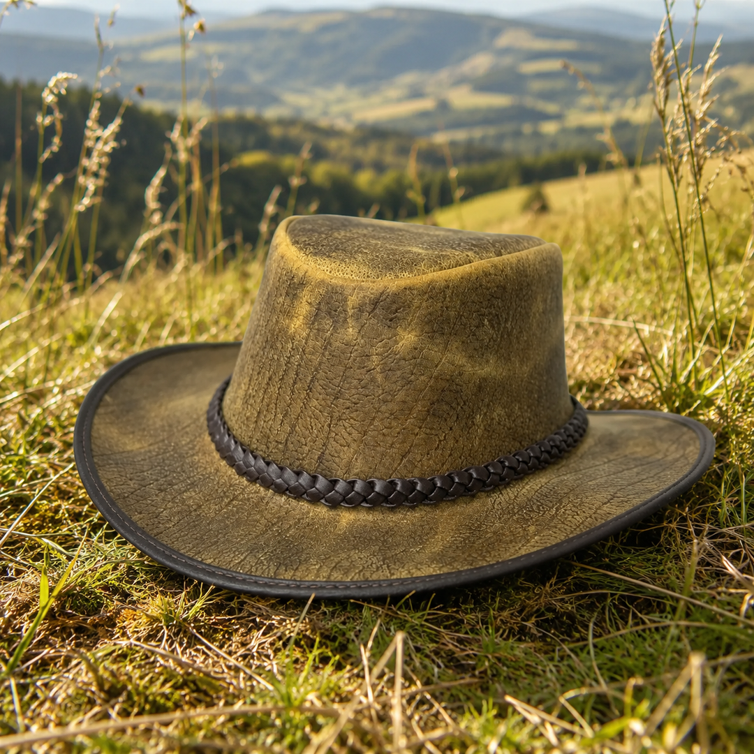 Distressed Toughness Leather Cowboy Hat for Men &amp; Women – Handcrafted Western Outback Hat with Shapeable Brim &amp; Braided Band