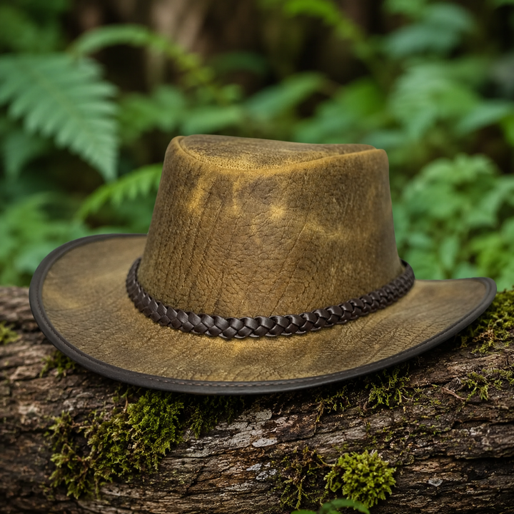 Distressed Toughness Leather Cowboy Hat for Men &amp; Women – Handcrafted Western Outback Hat with Shapeable Brim &amp; Braided Band