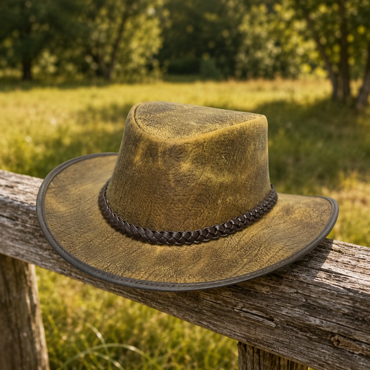 Distressed Toughness Leather Cowboy Hat for Men &amp; Women – Handcrafted Western Outback Hat with Shapeable Brim &amp; Braided Band