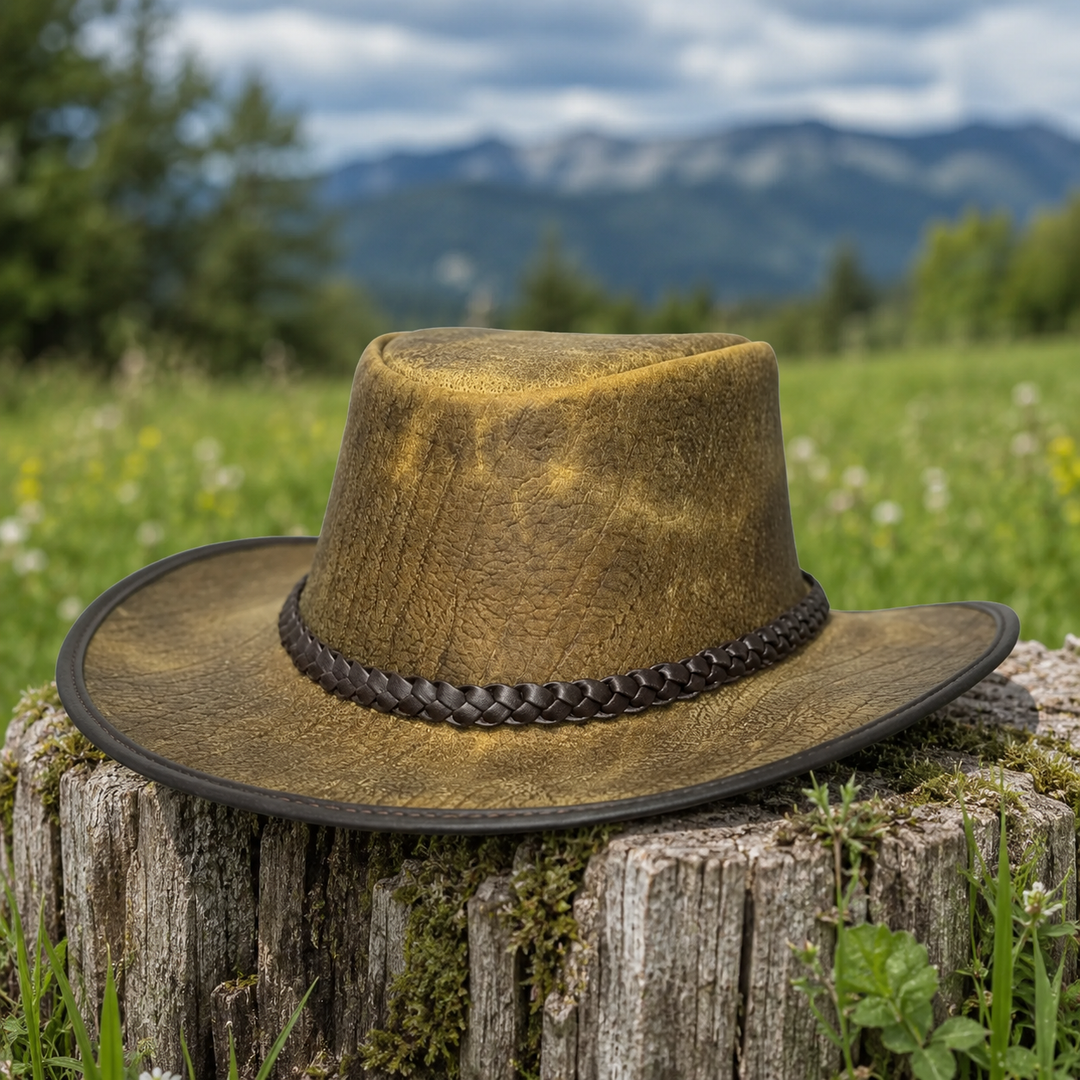 Distressed Toughness Leather Cowboy Hat for Men &amp; Women – Handcrafted Western Outback Hat with Shapeable Brim &amp; Braided Band