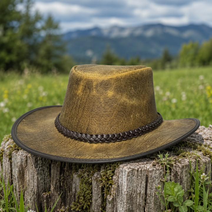 Distressed Toughness Leather Cowboy Hat for Men &amp; Women – Handcrafted Western Outback Hat with Shapeable Brim &amp; Braided Band