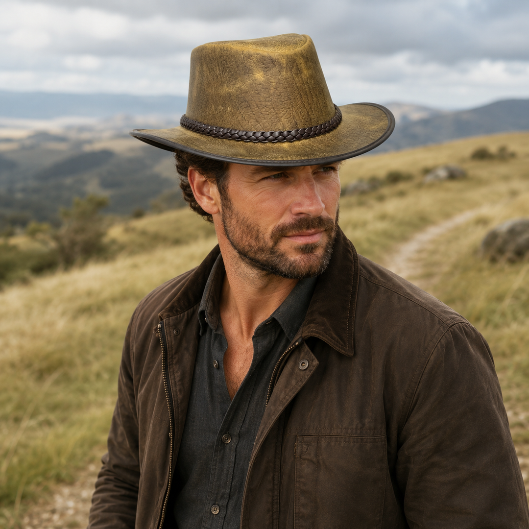 Distressed Toughness Leather Cowboy Hat for Men &amp; Women – Handcrafted Western Outback Hat with Shapeable Brim &amp; Braided Band