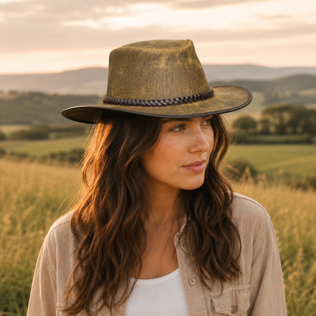 Distressed Toughness Leather Cowboy Hat for Men &amp; Women – Handcrafted Western Outback Hat with Shapeable Brim &amp; Braided Band
