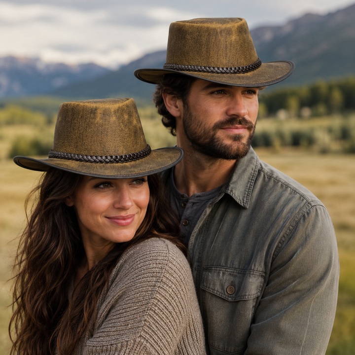 Distressed Toughness Leather Cowboy Hat for Men &amp; Women – Handcrafted Western Outback Hat with Shapeable Brim &amp; Braided Band