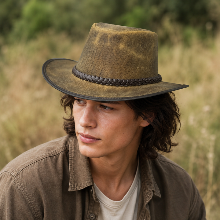 Distressed Toughness Leather Cowboy Hat for Men &amp; Women – Handcrafted Western Outback Hat with Shapeable Brim &amp; Braided Band