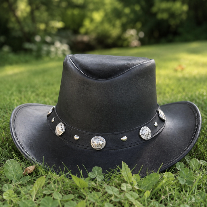 Buffalo Coin Top Grain Leather Cowboy Hat for Men &amp; Women – Handcrafted Western Outback Hat with Shapeable Wide Brim