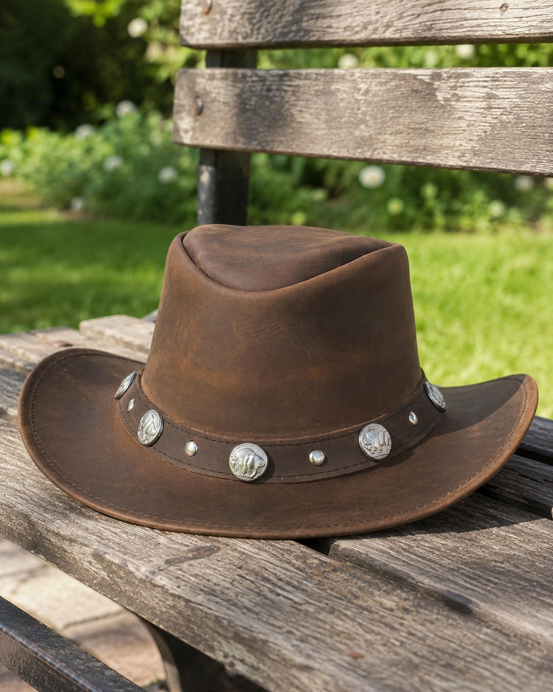 Buffalo Coin Top Grain Leather Cowboy Hat for Men &amp; Women – Handcrafted Western Outback Hat with Shapeable Wide Brim