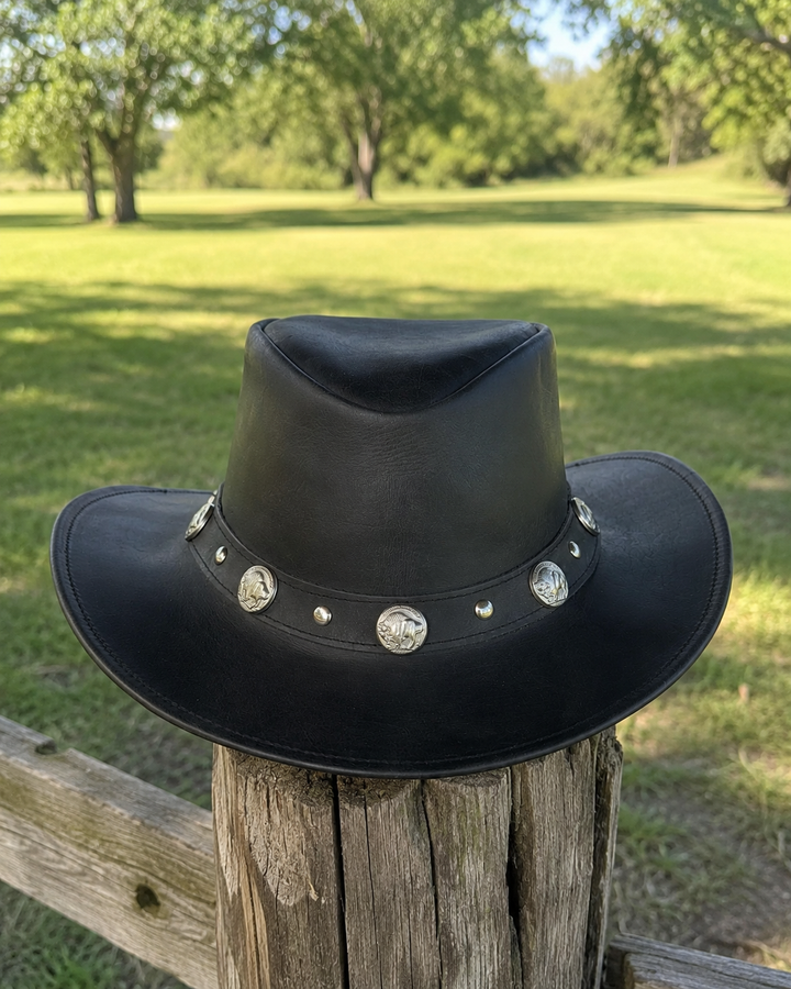 Buffalo Coin Top Grain Leather Cowboy Hat for Men &amp; Women – Handcrafted Western Outback Hat with Shapeable Wide Brim