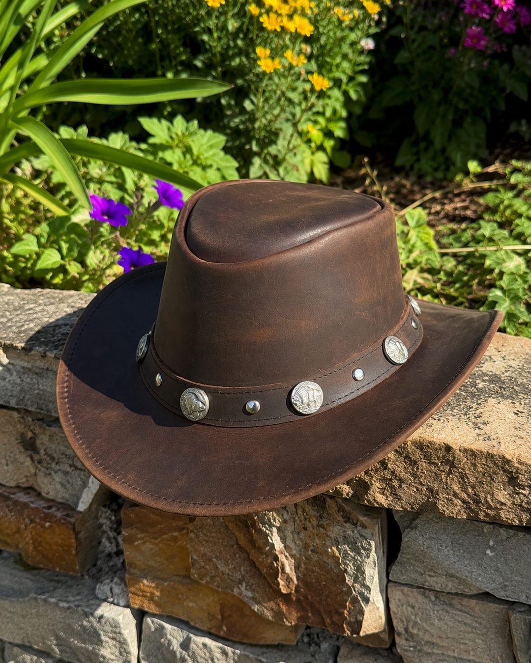 Buffalo Coin Top Grain Leather Cowboy Hat for Men &amp; Women – Handcrafted Western Outback Hat with Shapeable Wide Brim