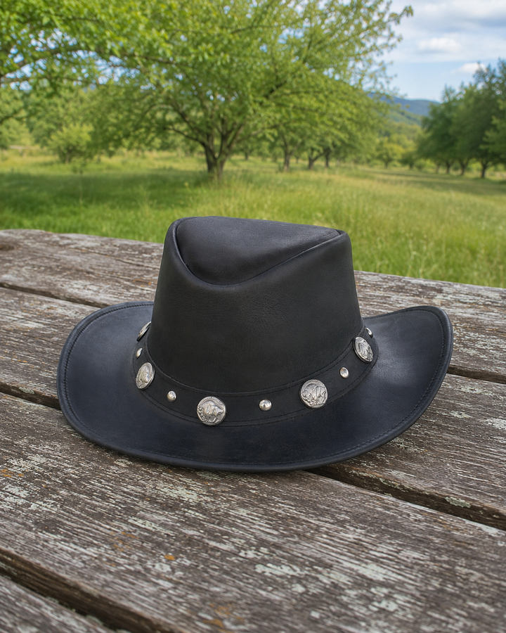 Buffalo Coin Top Grain Leather Cowboy Hat for Men &amp; Women – Handcrafted Western Outback Hat with Shapeable Wide Brim