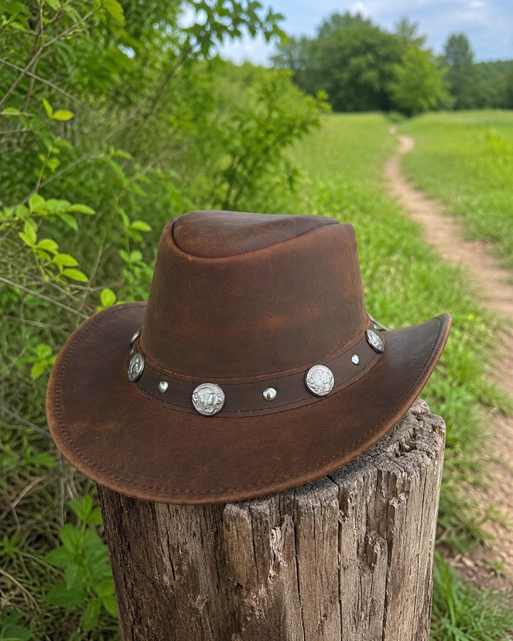 Buffalo Coin Top Grain Leather Cowboy Hat for Men &amp; Women – Handcrafted Western Outback Hat with Shapeable Wide Brim