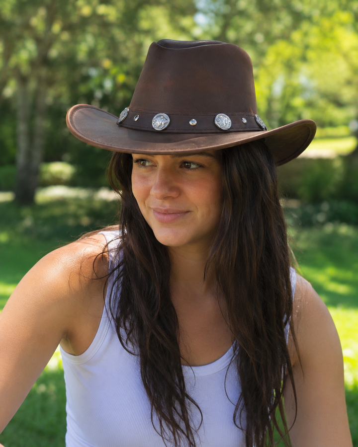 Buffalo Coin Top Grain Leather Cowboy Hat for Men &amp; Women – Handcrafted Western Outback Hat with Shapeable Wide Brim