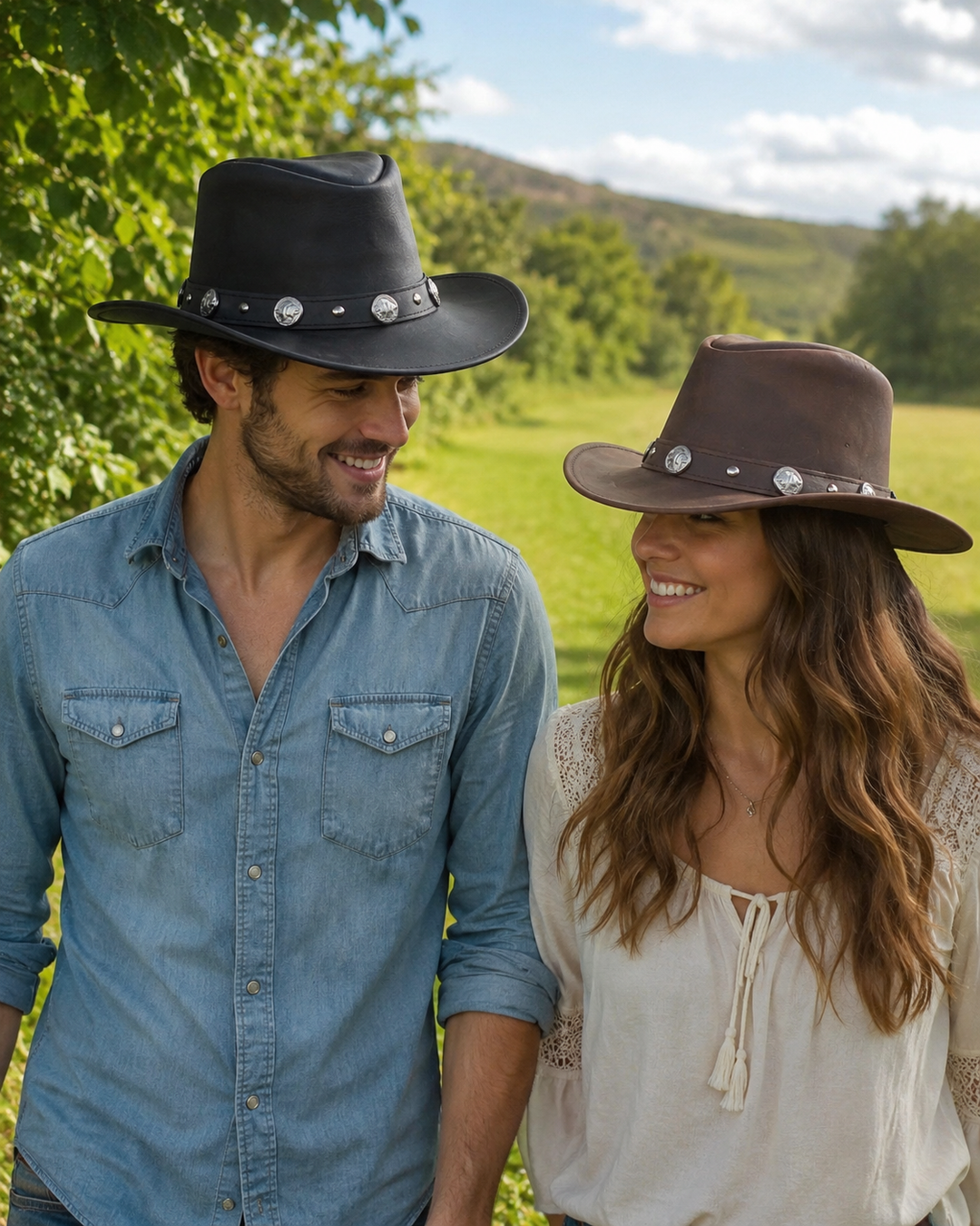 Buffalo Coin Top Grain Leather Cowboy Hat for Men &amp; Women – Handcrafted Western Outback Hat with Shapeable Wide Brim