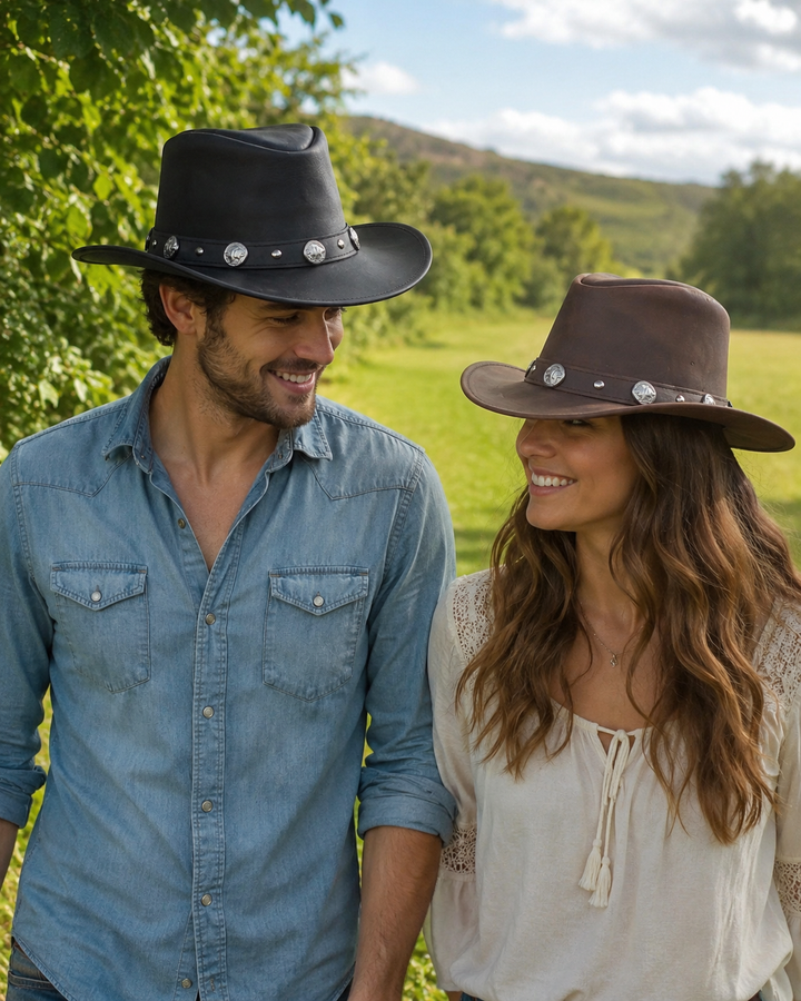 Buffalo Coin Top Grain Leather Cowboy Hat for Men &amp; Women – Handcrafted Western Outback Hat with Shapeable Wide Brim