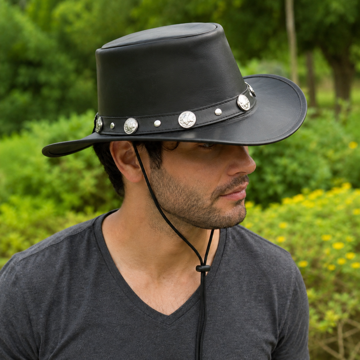 Buffalo Coin Top Grain Leather Cowboy Hat for Men &amp; Women – Handcrafted Western Outback Hat with Shapeable Wide Brim