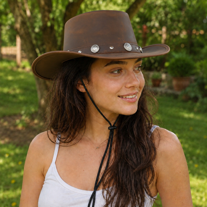 Buffalo Coin Top Grain Leather Cowboy Hat for Men &amp; Women – Handcrafted Western Outback Hat with Shapeable Wide Brim