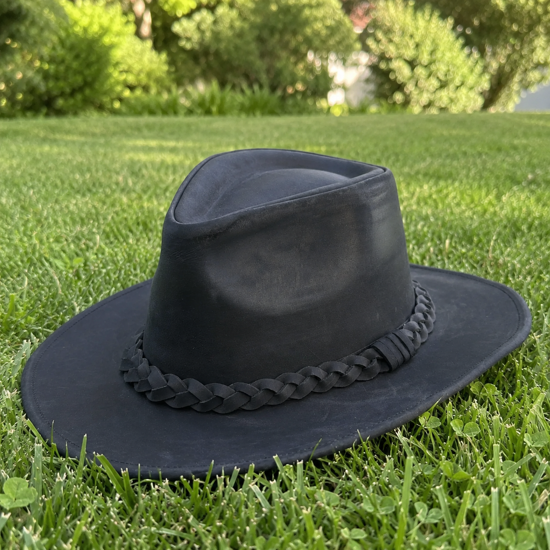 Thunder Leather Cowboy Hat for Men &amp; Women – Handcrafted Western Outback Hat, Genuine Leather, Shapeable Brim