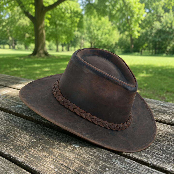Thunder Leather Cowboy Hat for Men &amp; Women – Handcrafted Western Outback Hat, Genuine Leather, Shapeable Brim