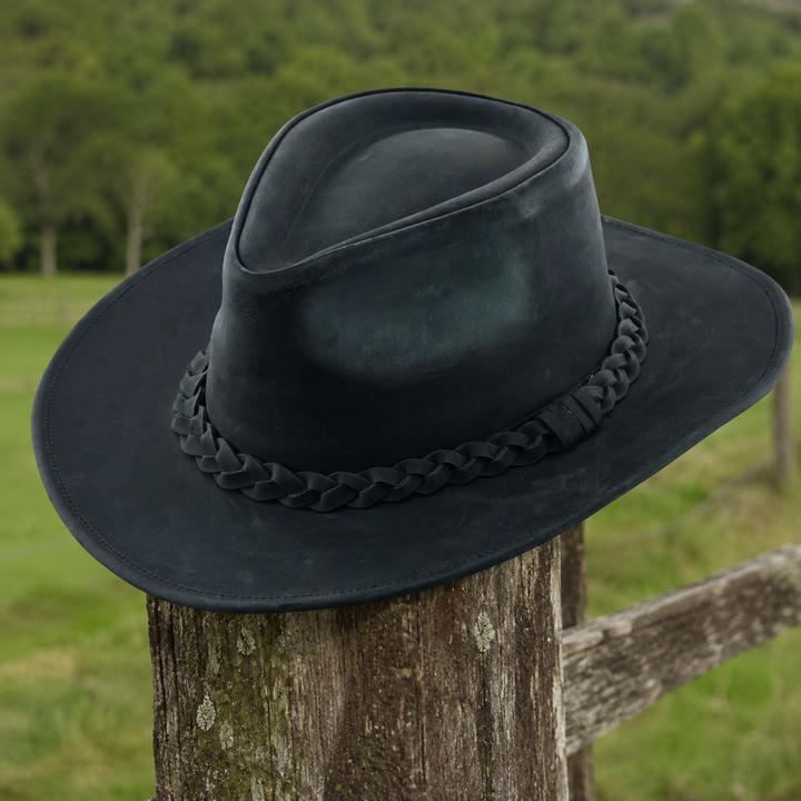 Thunder Leather Cowboy Hat for Men &amp; Women – Handcrafted Western Outback Hat, Genuine Leather, Shapeable Brim