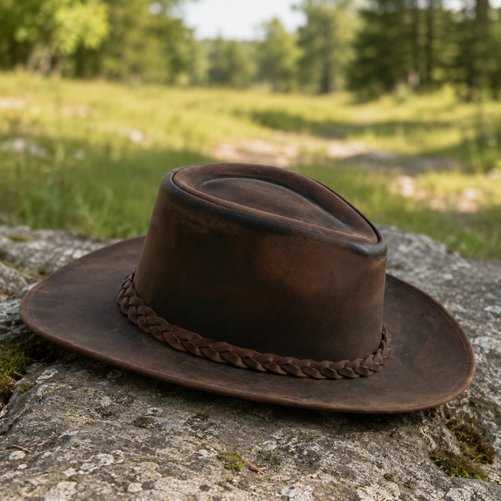 Thunder Leather Cowboy Hat for Men &amp; Women – Handcrafted Western Outback Hat, Genuine Leather, Shapeable Brim