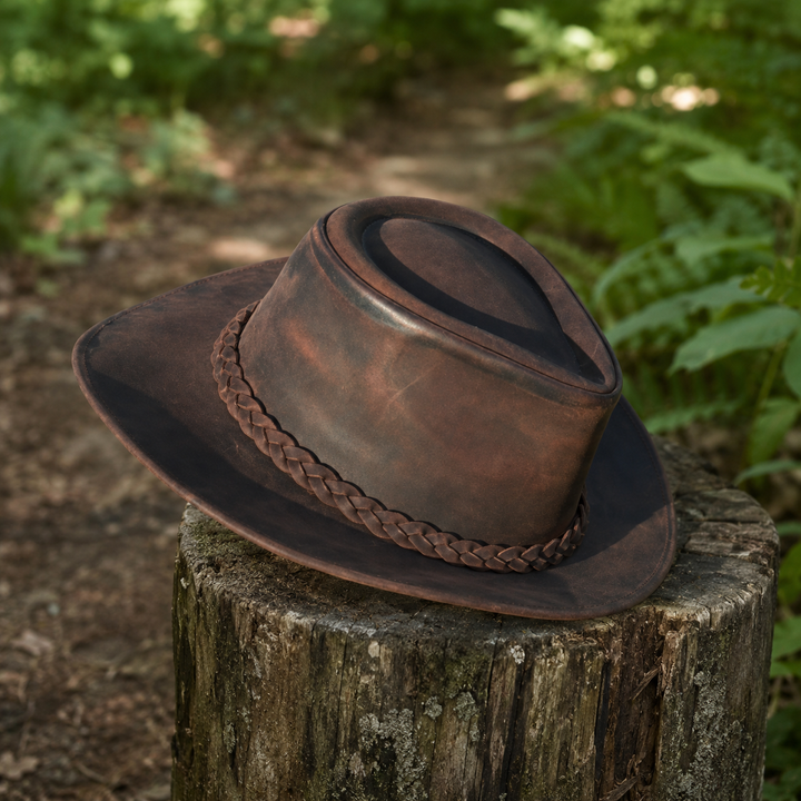Thunder Leather Cowboy Hat for Men &amp; Women – Handcrafted Western Outback Hat, Genuine Leather, Shapeable Brim