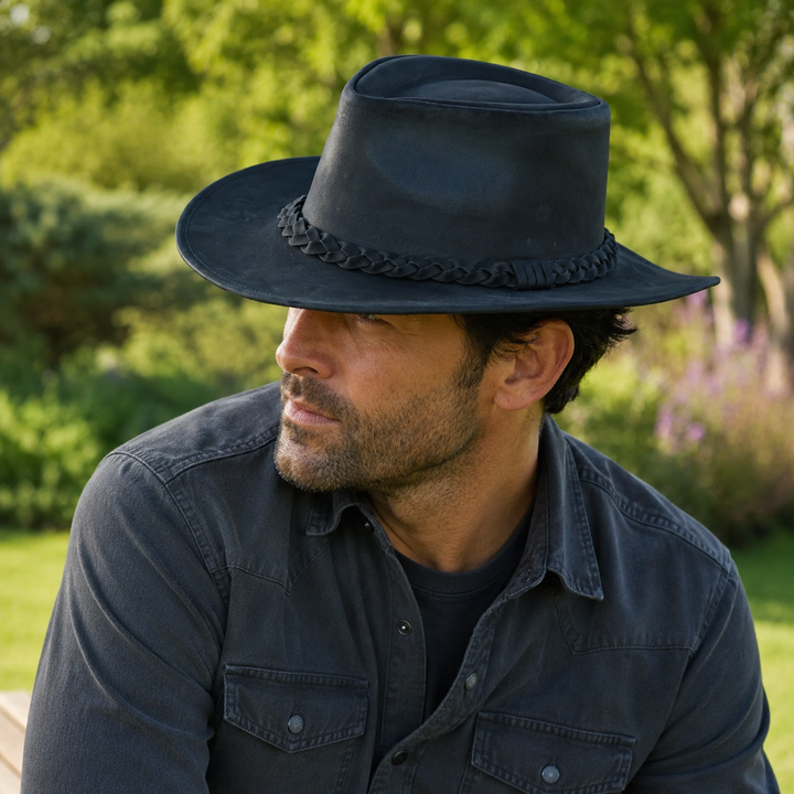 Thunder Leather Cowboy Hat for Men &amp; Women – Handcrafted Western Outback Hat, Genuine Leather, Shapeable Brim