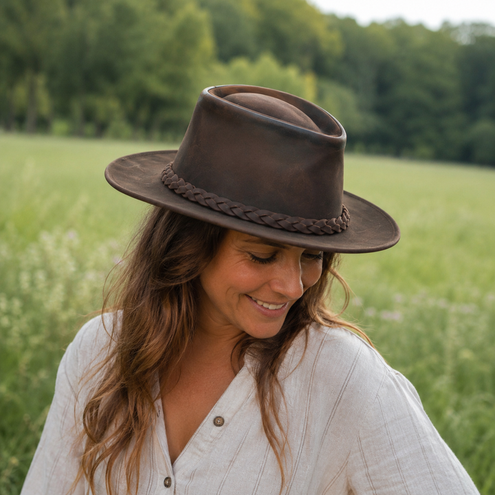 Thunder Leather Cowboy Hat for Men &amp; Women – Handcrafted Western Outback Hat, Genuine Leather, Shapeable Brim