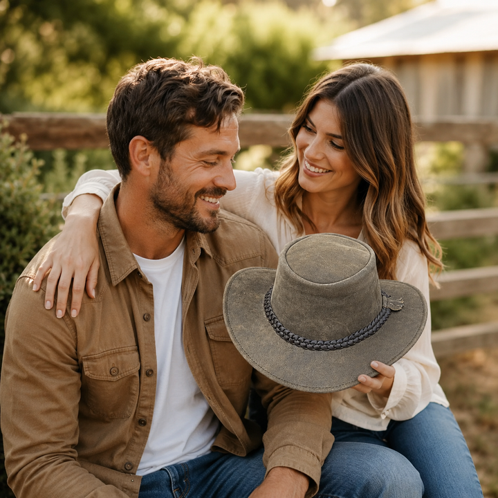 Gardiner Distressed Leather Cowboy Hat for Men &amp; Women – 100% Genuine Leather Outback Hat, Shapeable Brim, Sun Protection