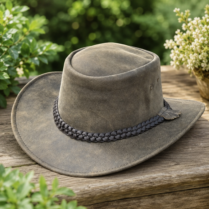 Gardiner Distressed Leather Cowboy Hat for Men &amp; Women – 100% Genuine Leather Outback Hat, Shapeable Brim, Sun Protection