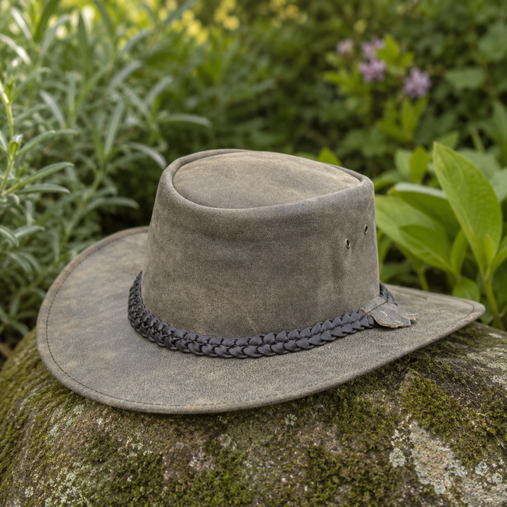 Gardiner Distressed Leather Cowboy Hat for Men &amp; Women – 100% Genuine Leather Outback Hat, Shapeable Brim, Sun Protection
