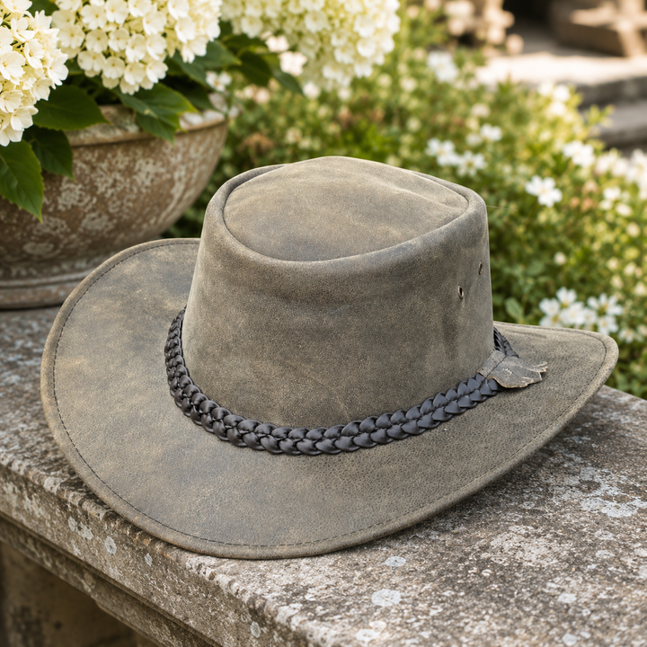 Gardiner Distressed Leather Cowboy Hat for Men &amp; Women – 100% Genuine Leather Outback Hat, Shapeable Brim, Sun Protection