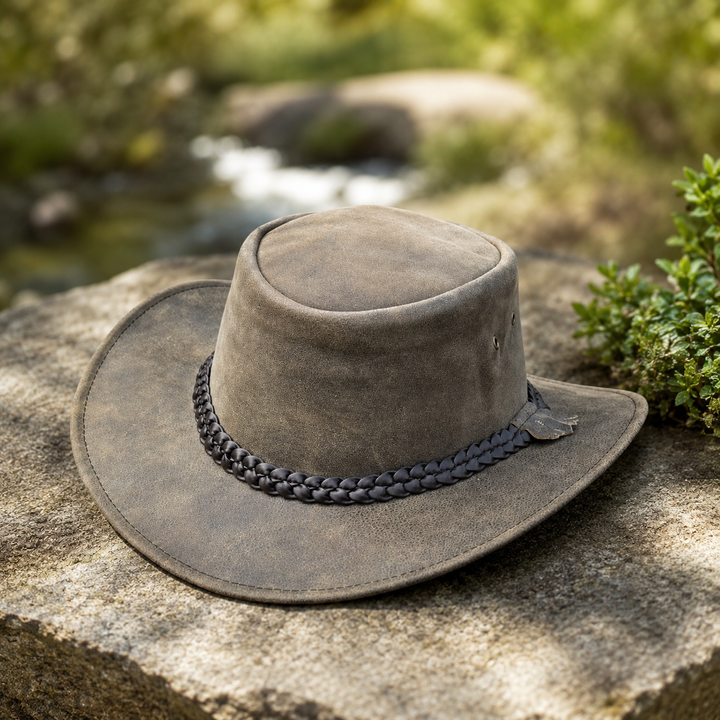 Gardiner Distressed Leather Cowboy Hat for Men &amp; Women – 100% Genuine Leather Outback Hat, Shapeable Brim, Sun Protection