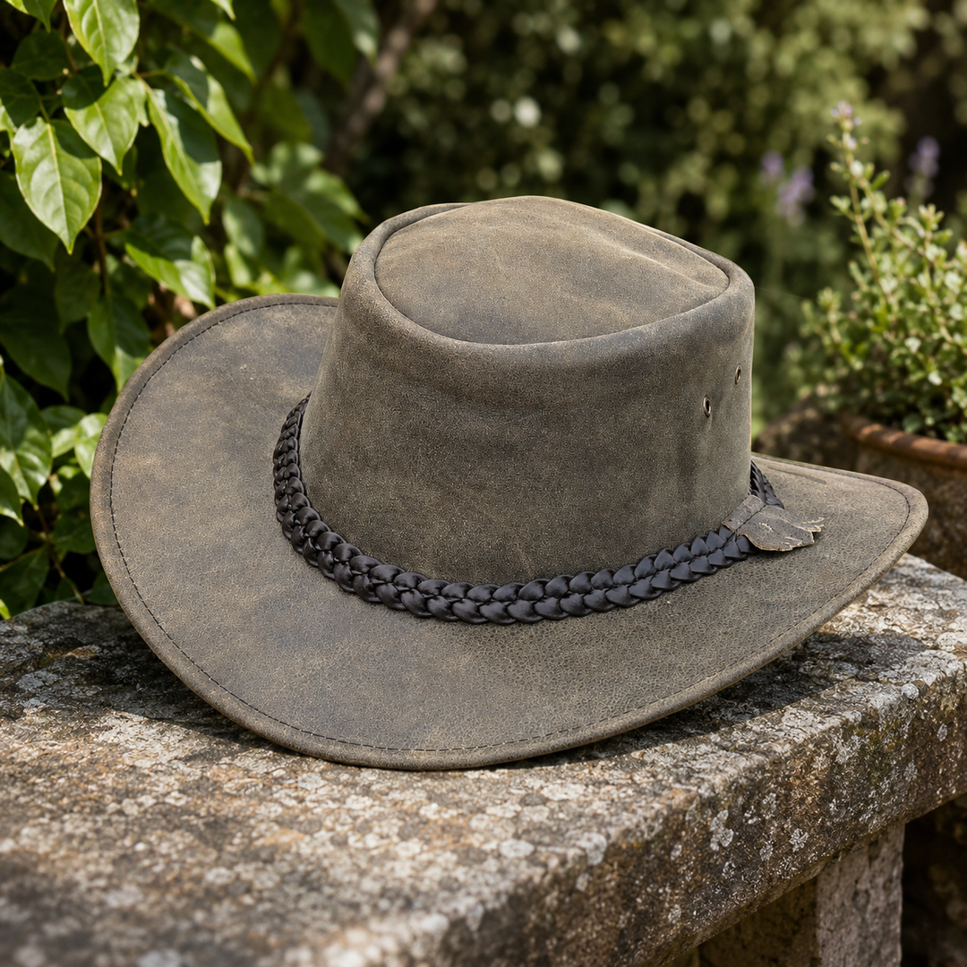 Gardiner Distressed Leather Cowboy Hat for Men &amp; Women – 100% Genuine Leather Outback Hat, Shapeable Brim, Sun Protection