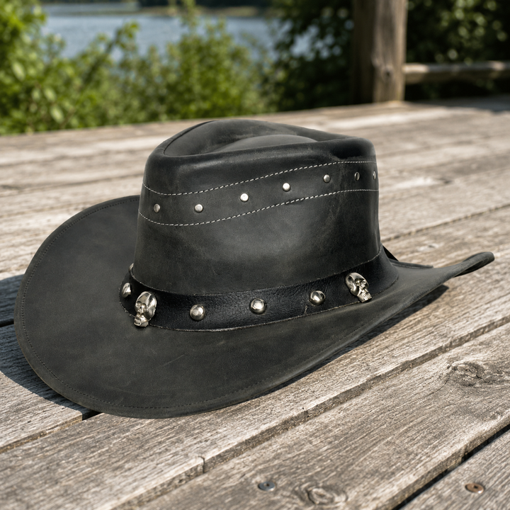 Danakil Leather Cowboy Hat for Men &amp; Women – Top Grain Leather Western Hat with Skull &amp; Stud Design, Shapeable Brim