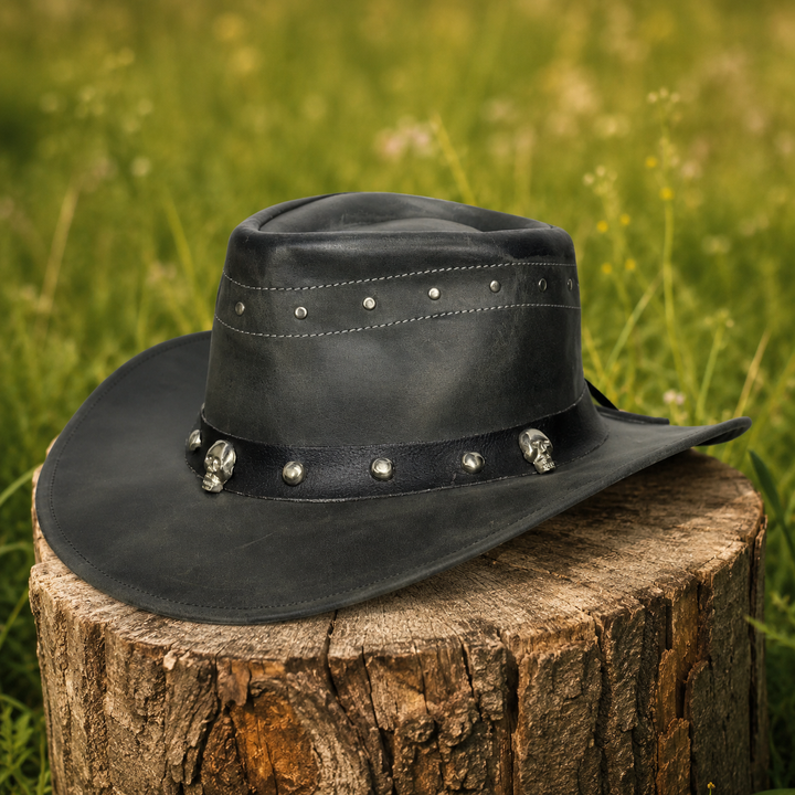 Danakil Leather Cowboy Hat for Men &amp; Women – Top Grain Leather Western Hat with Skull &amp; Stud Design, Shapeable Brim