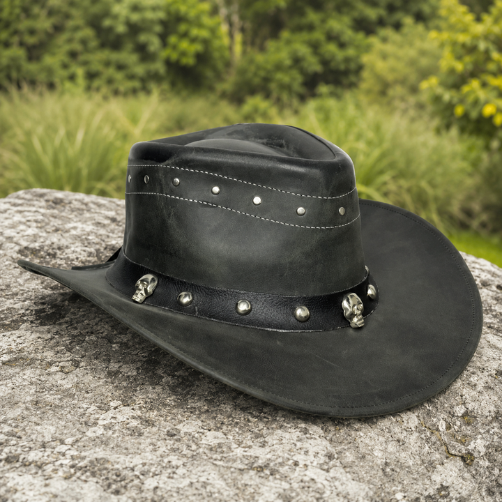 Danakil Leather Cowboy Hat for Men &amp; Women – Top Grain Leather Western Hat with Skull &amp; Stud Design, Shapeable Brim