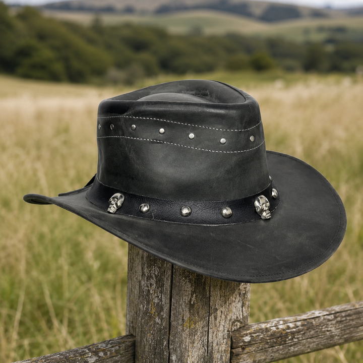 Danakil Leather Cowboy Hat for Men &amp; Women – Top Grain Leather Western Hat with Skull &amp; Stud Design, Shapeable Brim