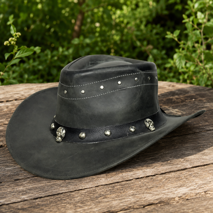Danakil Leather Cowboy Hat for Men &amp; Women – Top Grain Leather Western Hat with Skull &amp; Stud Design, Shapeable Brim