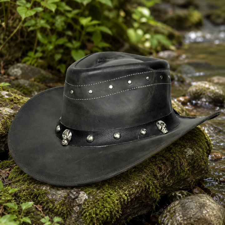 Danakil Leather Cowboy Hat for Men &amp; Women – Top Grain Leather Western Hat with Skull &amp; Stud Design, Shapeable Brim